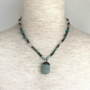 Sterling Silver 925 Turquoise Quartz Green Calcite Beaded Pendant Necklace 18"